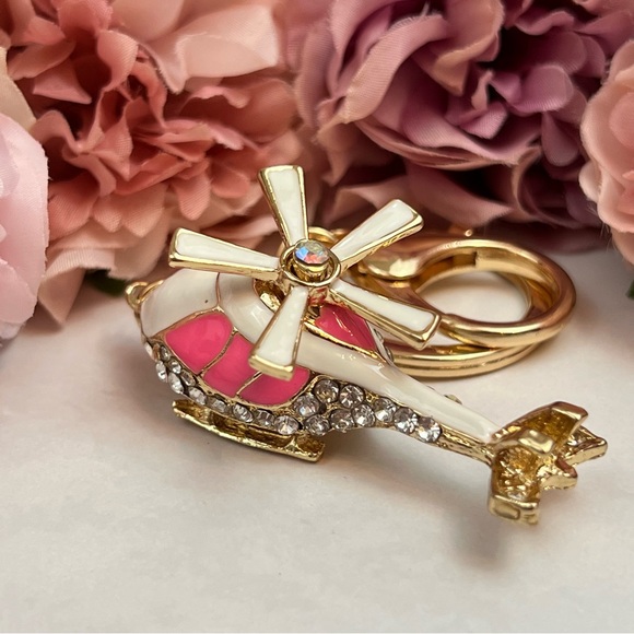 Whimsical Pink and White Crystal Helicopter Keychain Charm - Picture 9 of 16